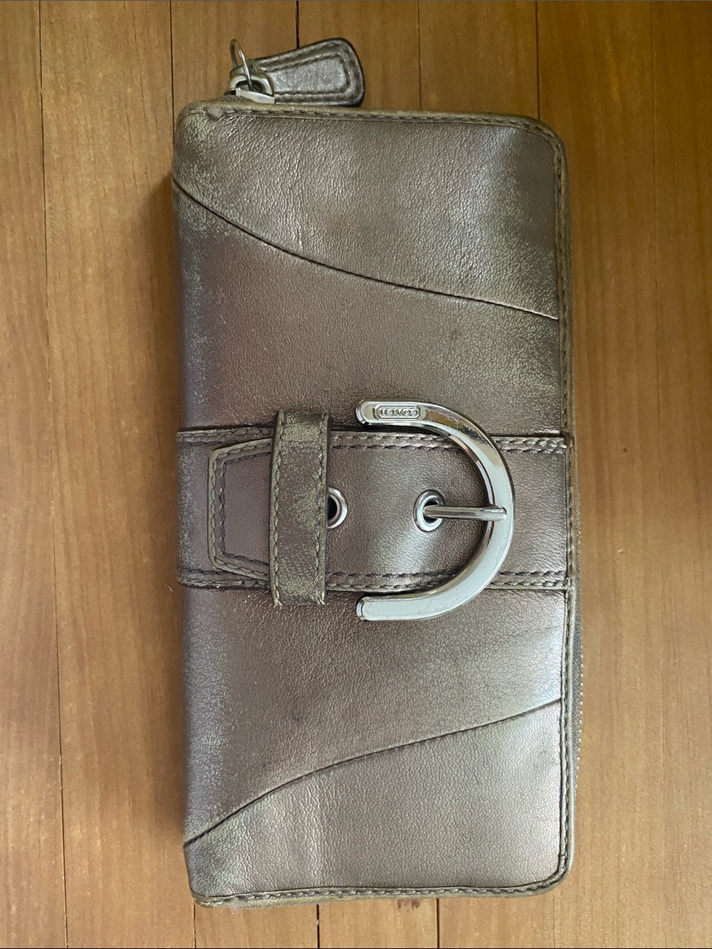 Coach Metallic Brown Leather Zip Wallet with Silver Buckle Accent